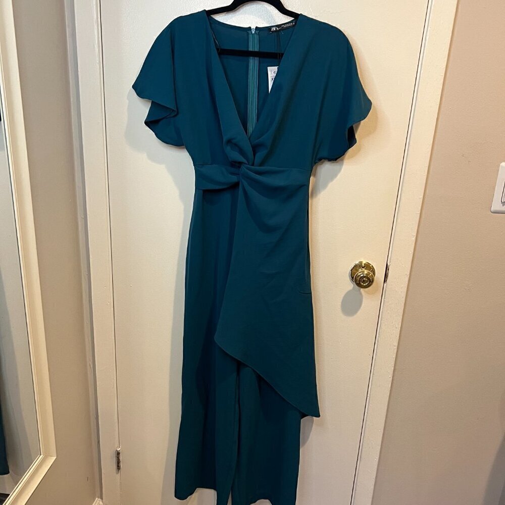 NWT Zara Teal Cross Ruffled Jumpsuit, Size XS - Picture 5 of 15